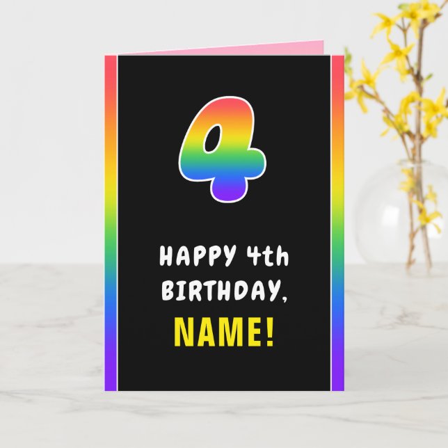 4th Birthday: Colorful Rainbow # 4, Custom Name Card (Yellow Flower)