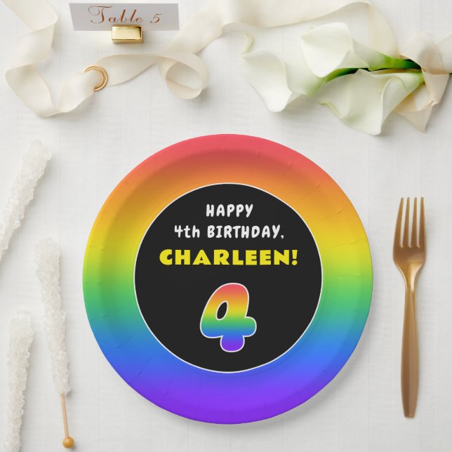4th Birthday: Colorful Rainbow # 4, Custom Name Paper Plate (Wedding)