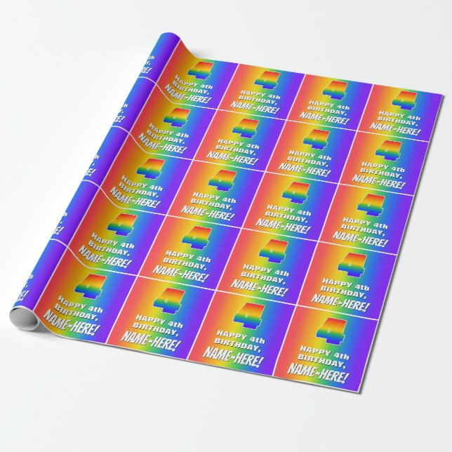 4th Birthday: Colourful, Fun Rainbow Pattern # 4 Wrapping Paper (Unrolled)