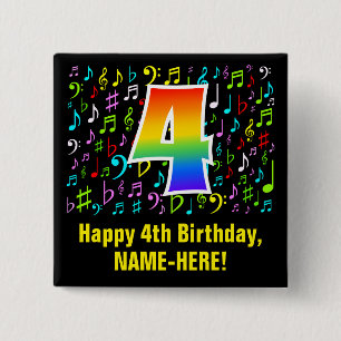 4th Birthday: Colourful Music Symbols, Rainbow 4 15 Cm Square Badge