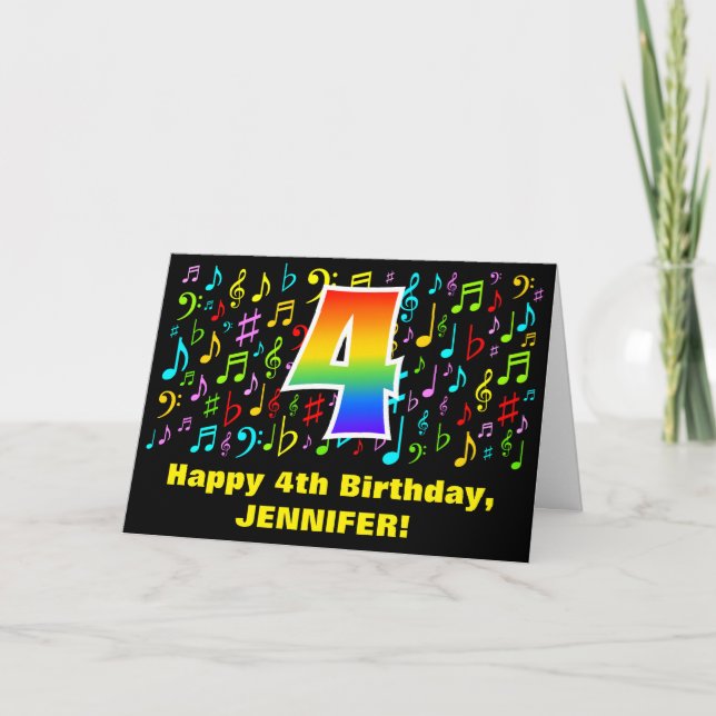 4th Birthday - Colourful Music Symbols & Rainbow 4 Card (Front)