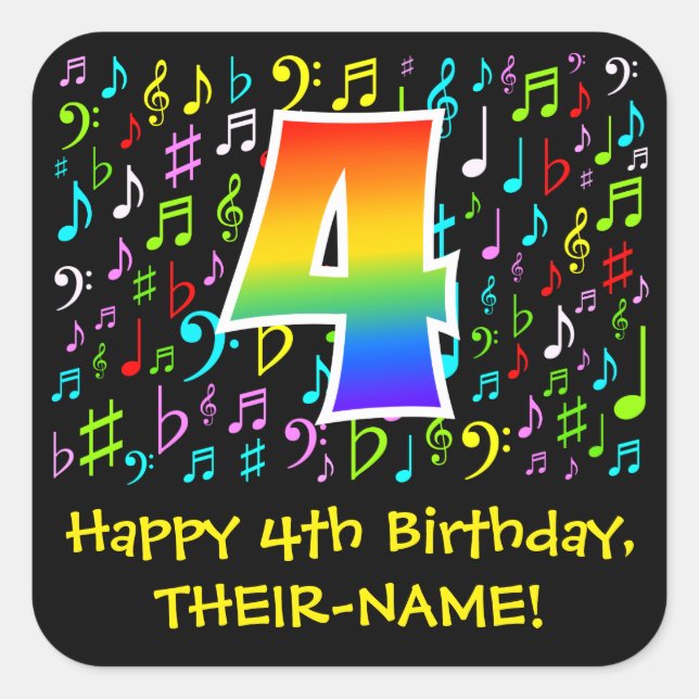 4th Birthday: Colourful Music Symbols, Rainbow 4 Square Sticker (Front)