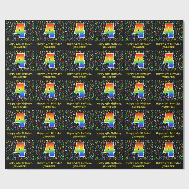 4th Birthday: Colourful Music Symbols, Rainbow 4 Wrapping Paper (Flat)