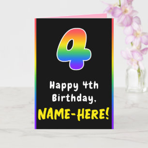 4th Birthday: Colourful Rainbow # 4, Custom Name Card
