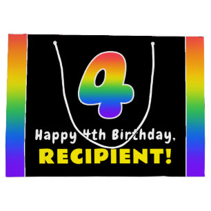 4th Birthday: Colourful Rainbow # 4, Custom Name Large Gift Bag