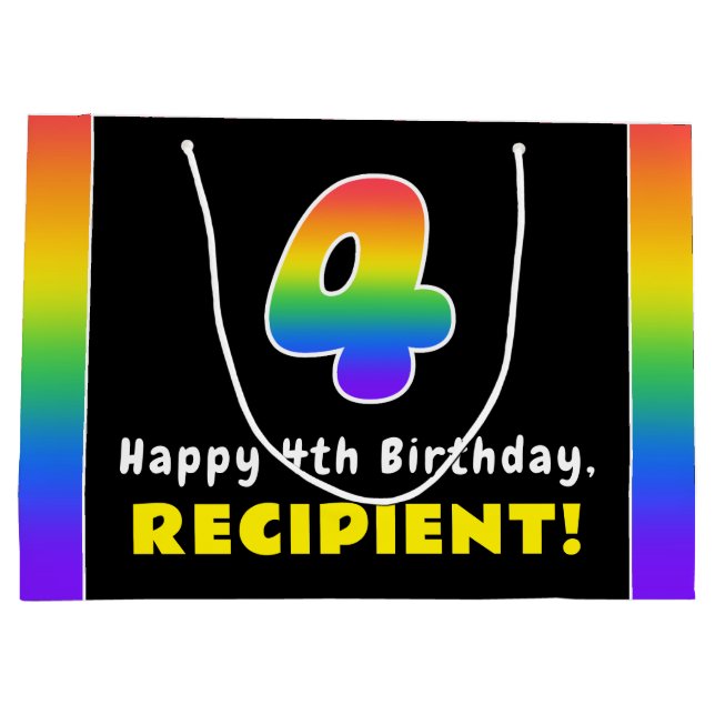 4th Birthday: Colourful Rainbow # 4, Custom Name Large Gift Bag (Back)