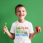 4th Birthday Construction Vehicle Custom Cute Kids T-Shirt<br><div class="desc">A cute fourth birthday bodysuit for a kid who likes construction vehicles and trucks. This features a yellow cement mixer and a digger next to the words It's My 4th Birthday and your child's name in blue. A great personalized party tee for a little boy into cars.</div>