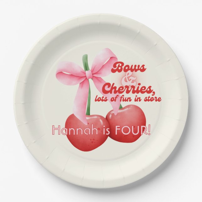 4th Birthday Coquette Cherries Bows Bubble Letters Paper Plate (Front)