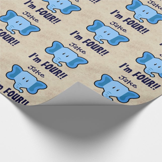 4th Birthday Cute Blue Elephant Face for BOY E04Z Wrapping Paper (Corner)