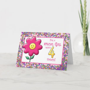 4th Birthday Cute Pink Flower and Card