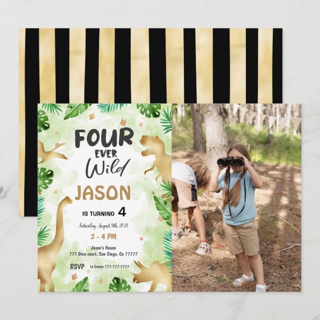 4th Birthday, Dinosaur Birthday Photo Invitation (Front/Back)