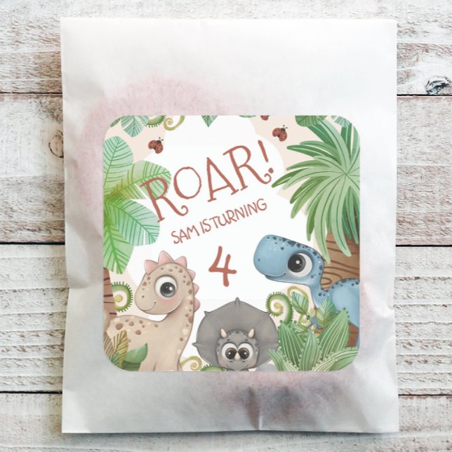 4th Birthday Dinosaur Square Sticker (Personalized Dinosaur Birthday Party Stickers)