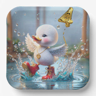 4th Birthday Duck Dancing In a Rain Puddle Paper Plate