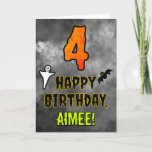 4th Birthday: Eerie Halloween Theme   Custom Name Card<br><div class="desc">The front of this spooky and scary Halloween themed birthday greeting card design features a large number “4”, along with the message “HAPPY BIRTHDAY, ”, and a customisable name. There are also depictions of a ghost and a bat on the front. The inside features a personalised birthday greeting message, or...</div>