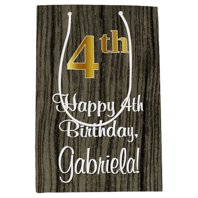 4th Birthday: Elegant Faux Gold Look #, Faux Wood Medium Gift Bag (Front)