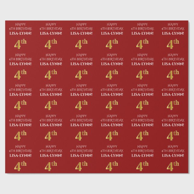 4th Birthday: Elegant, Red, Faux Gold Look Wrapping Paper (Flat)