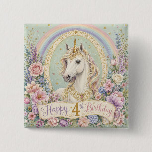 4th Birthday Elegant Unicorn Rainbow 15 Cm Square Badge