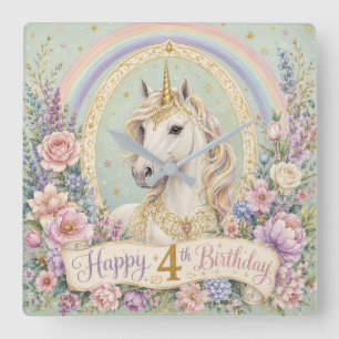 4th Birthday Elegant Unicorn Rainbow Square Wall Clock