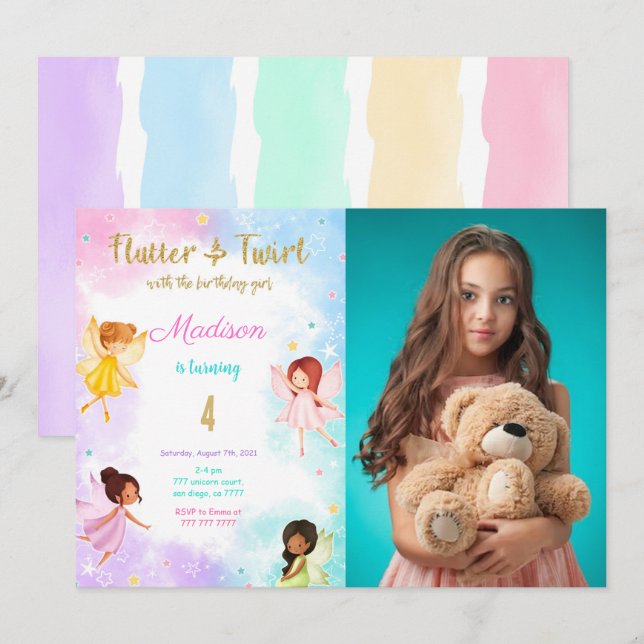 4th Birthday Fairy Birthday Party Photo Invitation (Front/Back)