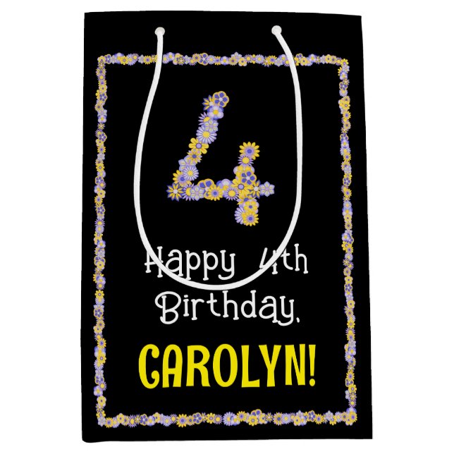 4th Birthday: Floral Flowers Number, Custom Name Medium Gift Bag (Front)