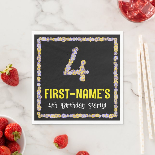 4th Birthday: Floral Flowers Number, Custom Name Napkin (Insitu)