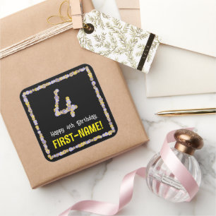 4th Birthday: Floral Flowers Number, Custom Name Square Sticker