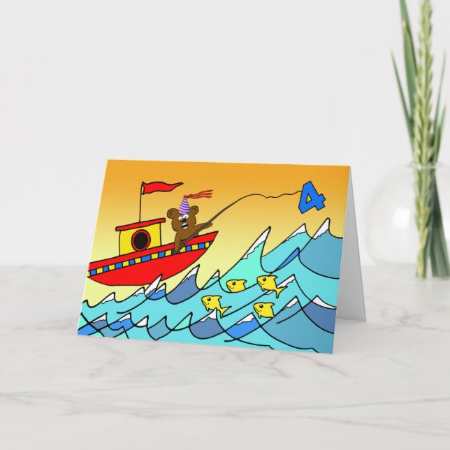 4th Birthday for Child, Party Bear Fishing Card (Front)