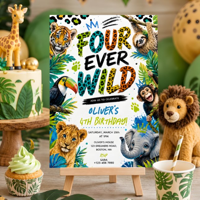 4th Birthday Four Ever Wild Animals Party Invitation (Creator Uploaded)