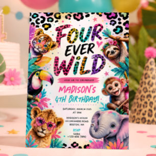 4th Birthday Four Ever Wild Animals Party Invitation