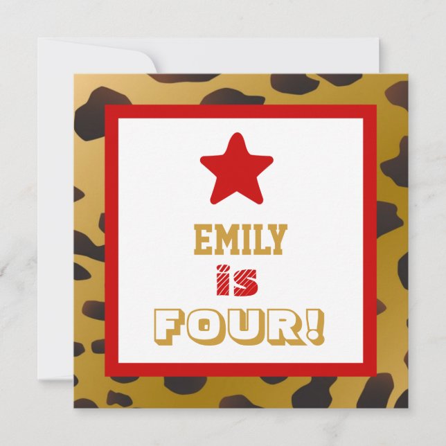 4th Birthday Four Year Old Girl Gold Cheetah Star Invitation (Front)