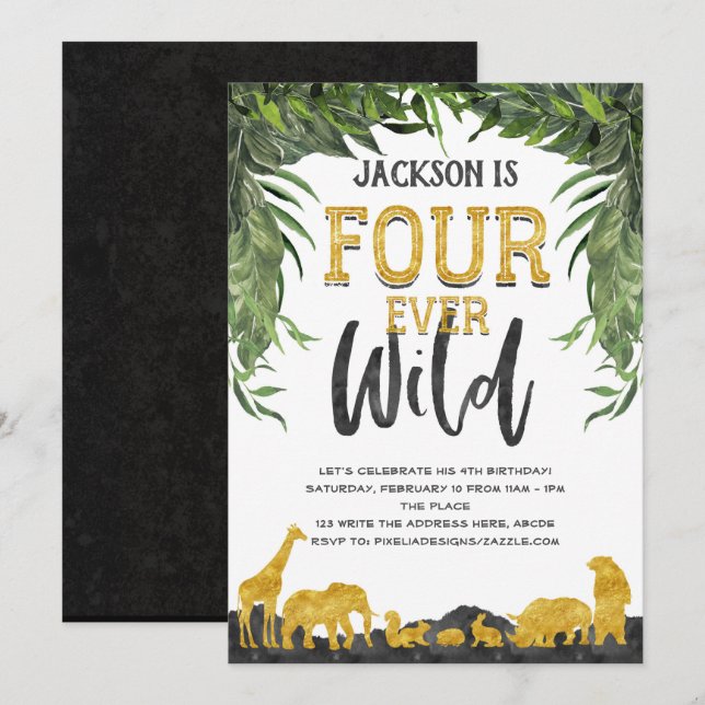 4th birthday, Fourever wild, Jungle, safari animal Invitation (Front/Back)