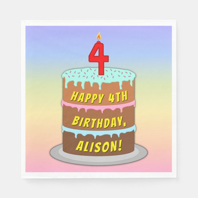 4th Birthday: Fun Cake and Candle + Custom Name Napkin (Front)
