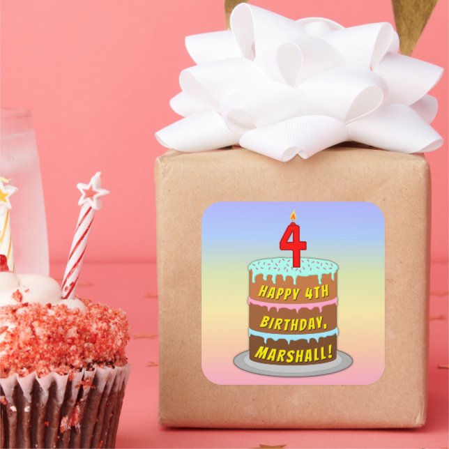 4th Birthday: Fun Cake and Candle + Custom Name Square Sticker (Party)