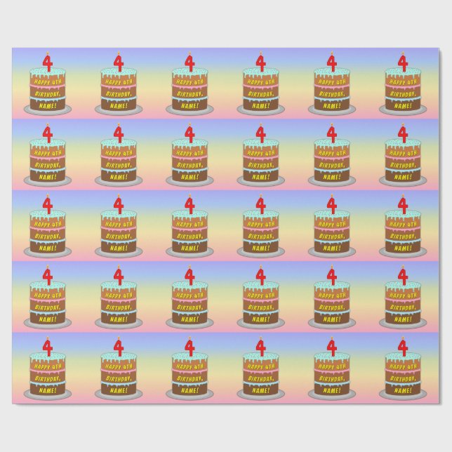4th Birthday: Fun Cake and Candle + Custom Name Wrapping Paper (Flat)