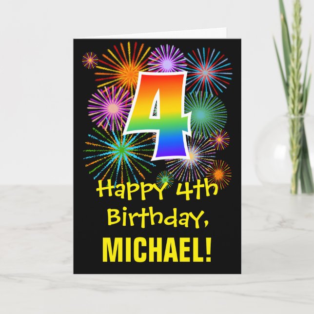 4th Birthday: Fun Fireworks Pattern + Rainbow 4 Card (Front)
