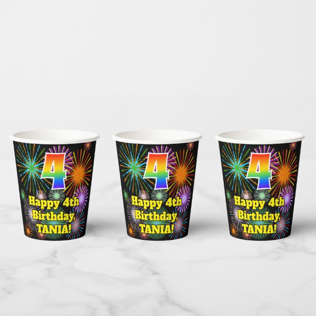 4th Birthday: Fun Fireworks Pattern + Rainbow 4 Paper Cups (Multi)