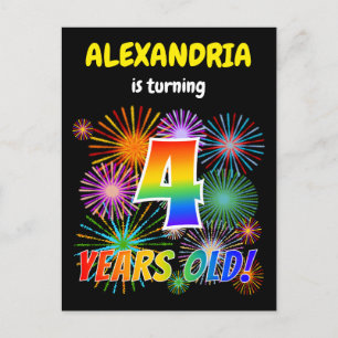 4th Birthday - Fun Fireworks, Rainbow Look "4" Postcard