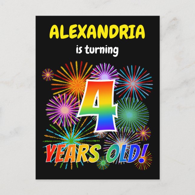 4th Birthday - Fun Fireworks, Rainbow Look "4" Postcard (Front)