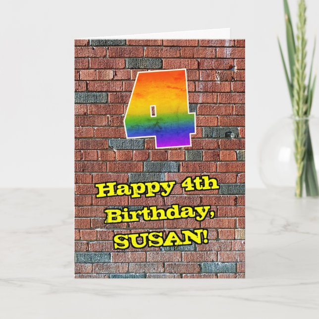 4th Birthday: Fun Graffiti-Inspired Rainbow 4 Card (Front)