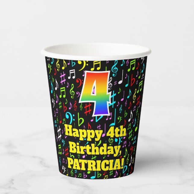 4th Birthday: Fun Music Notes Pattern, Rainbow 4 Paper Cups (Front)