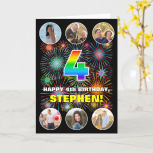4th Birthday: Fun Rainbow #, Custom Name & Photos Card