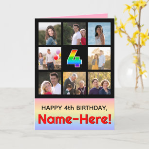 4th Birthday: Fun Rainbow #, Custom Photos + Name Card