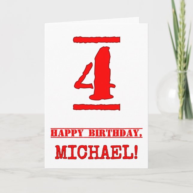 4th Birthday: Fun, Red Rubber Stamp Inspired Look Card (Front)