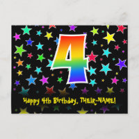 4th Birthday: Fun Stars Pattern, Rainbow 4, Name