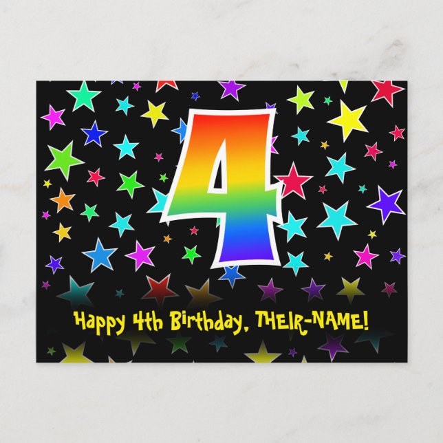 4th Birthday: Fun Stars Pattern, Rainbow 4, Name Postcard (Front)