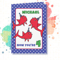 4th Birthday Funny Cute Red Sharks Cartoon Fish