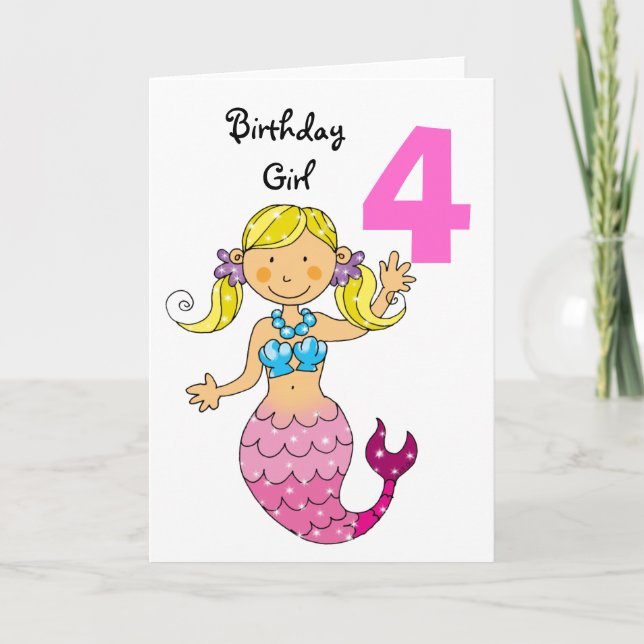 4th birthday gift for a girl, cute mermaid card (Front)