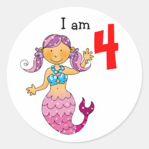 4th birthday gift for a girl, cute mermaid classic round sticker