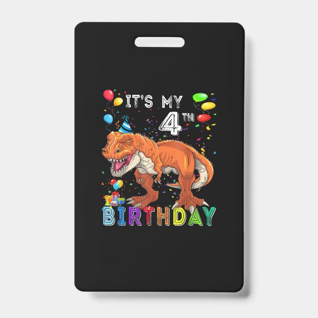 4th Birthday Gifts Kids Boys Dino T Rex Dinosaur ID Badge (Front)
