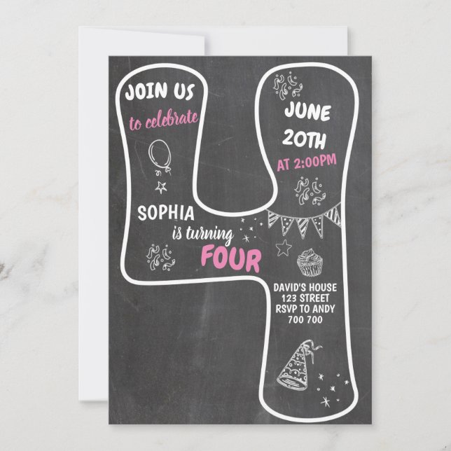 4th Birthday Girl Chalkboard Pink Number Invitation (Front)